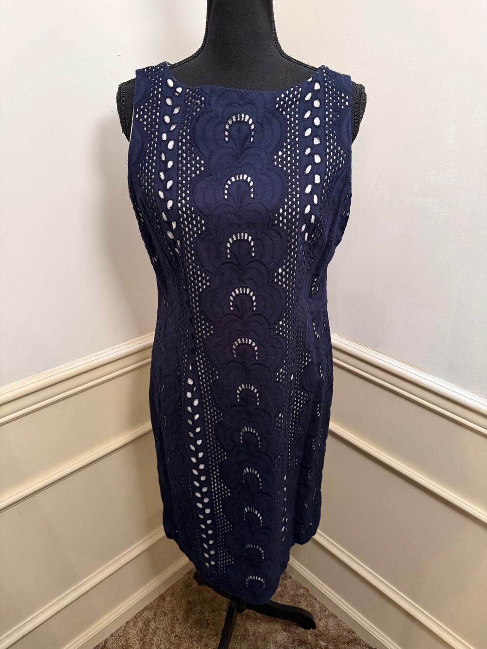 Chetta B Navy Blue Cotton Eyelet Lace Overlay Shift Sheath Dress Sleeveless